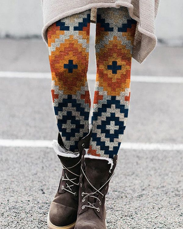Women's full-length stretch knit leggings with bold geometric pattern, breathable fabric for active wear