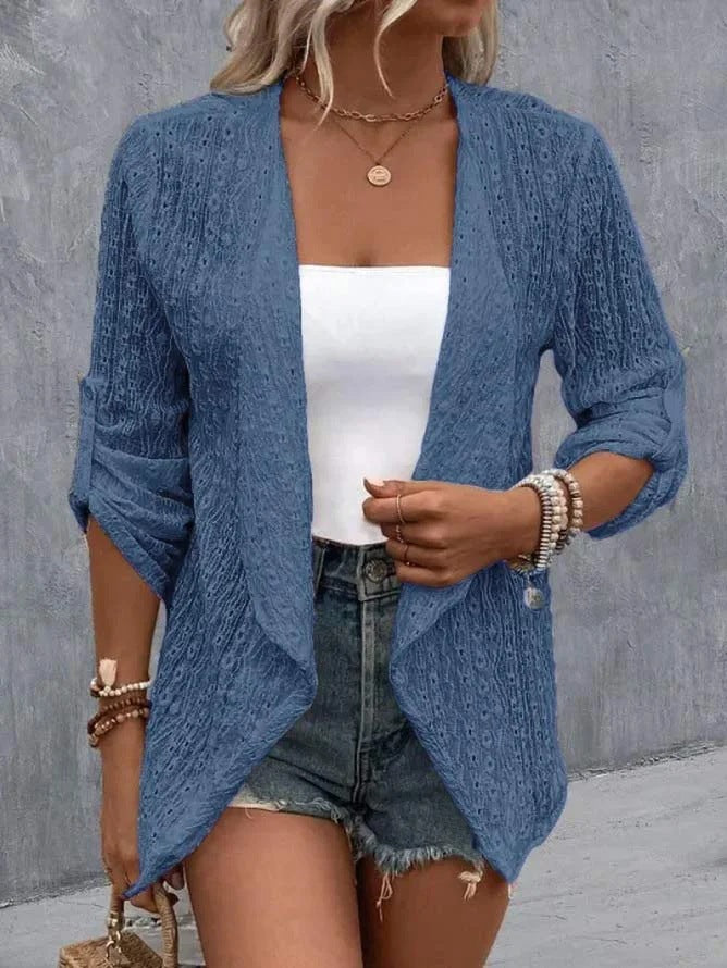 Boho crocheted knit open-front cardigan relaxed fit with textured crochet detail for women