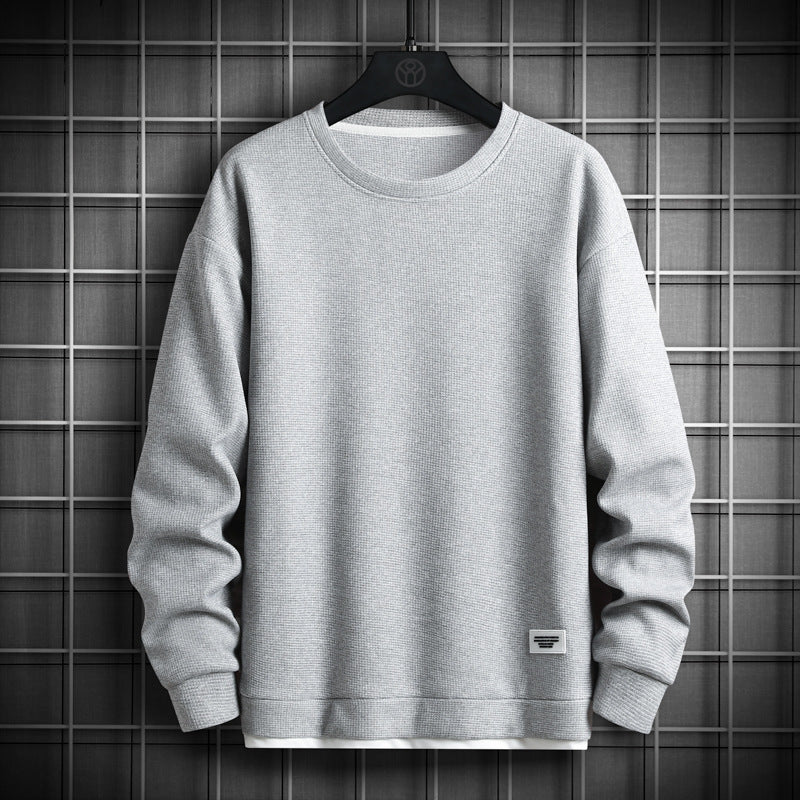 Men's waffle knit crewneck sweatshirt relaxed fit long sleeve with ribbed cuffs casual fall layer