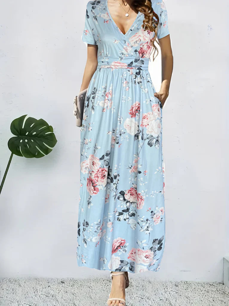 Women's floral print wrap maxi dress A-line silhouette short sleeve cinched waist warm-weather style