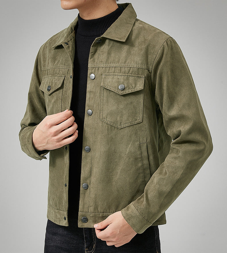 Men suede style jacket relaxed slim fit front button closure chest pocket casual outerwear