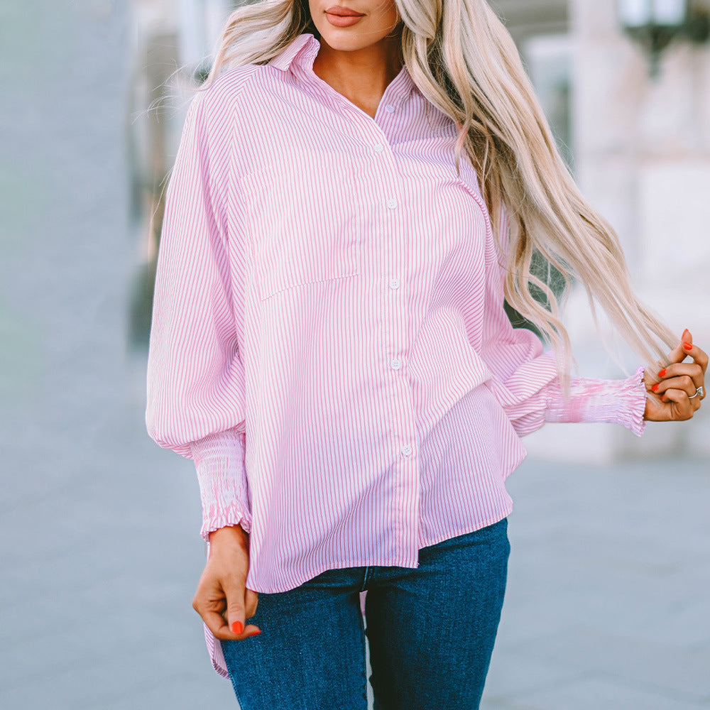 Women's baby blue pinstripe oversized button-down shirt with smocked cuffs long sleeve relaxed fit