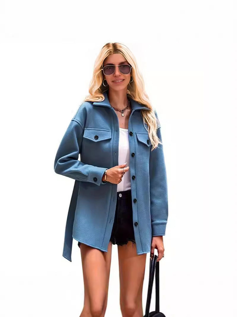 Women's oversized wool short coat with lapel collar and button front in classic everyday chic style