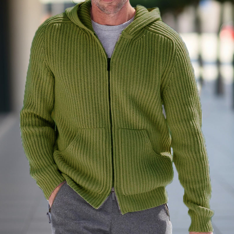 Men's gray ribbed knit hooded cardigan relaxed fit full-zip closure casual layering long sleeve