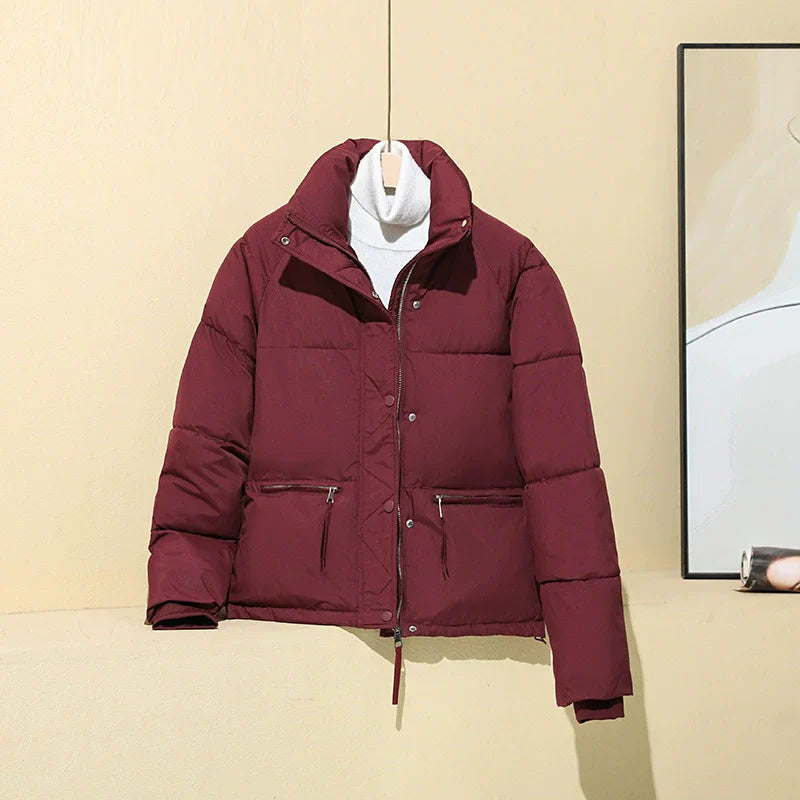 Women's tan cropped boxy puffer coat with stand collar, insulated for everyday warmth