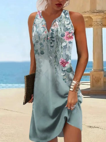 Women's sleeveless V-neck cotton blend dress with floral detail and asymmetrical hem