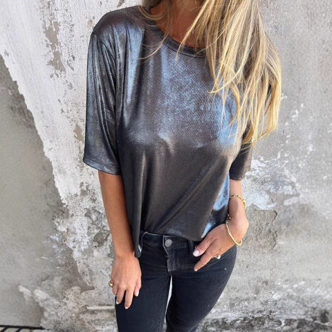 Women's relaxed fit short sleeve shimmer blouse, flowy lightweight fabric for effortless chic style