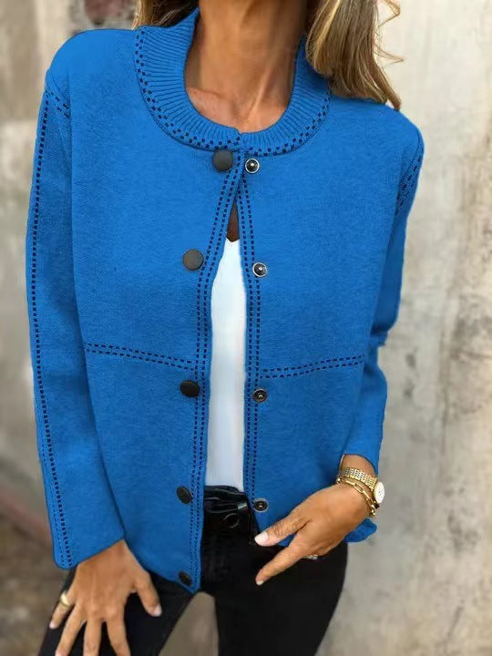 Women's loose fit knit cardigan in soft neutral tone, button front round neck hip length everyday layer