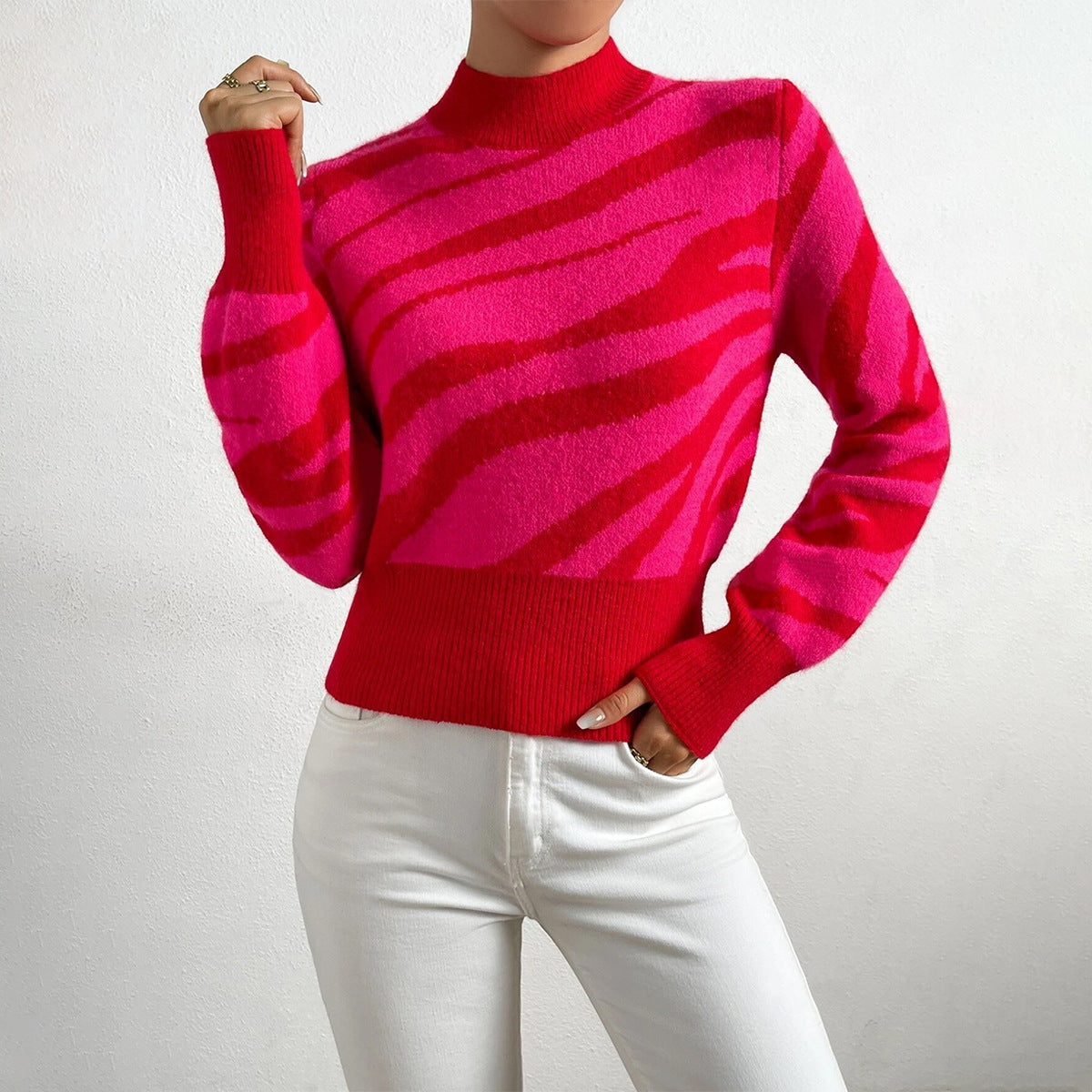 Women's zebra pattern knit sweater regular fit semi-high neck ribbed edges wool blend warm