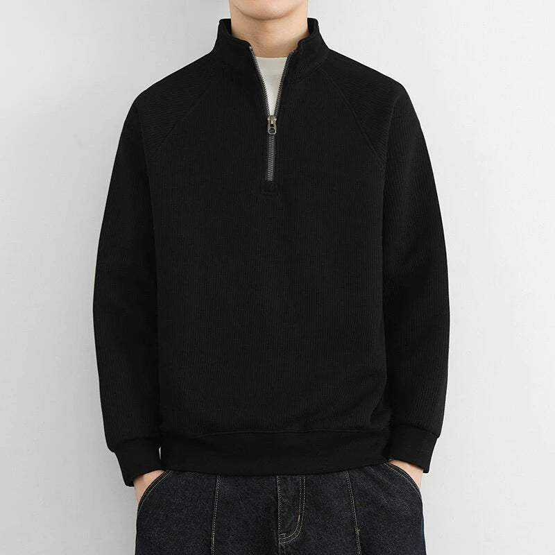 Men's ribbed half-zip sweatshirt high collar relaxed fit casual cotton blend everyday wear