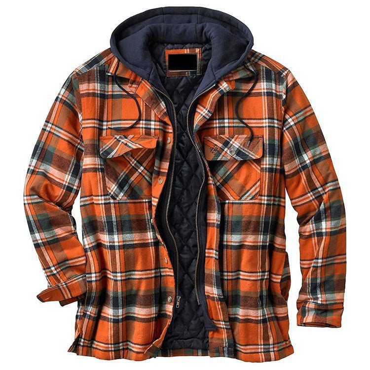 Men's plaid hooded jacket relaxed fit thick cotton quilted lining casual winter coat
