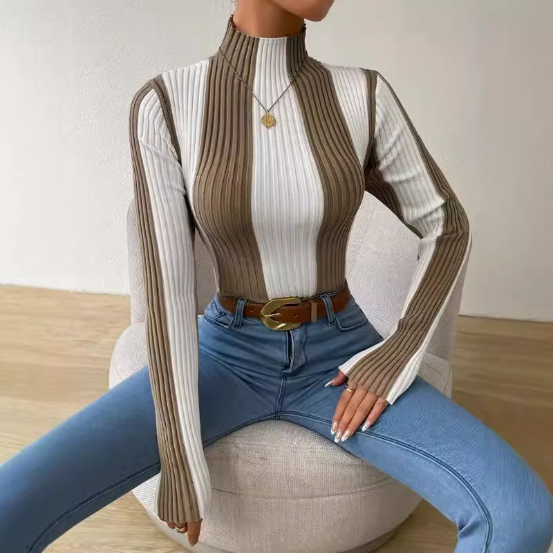 Women's slim-fit ribbed cotton knit sweater with mock neck in versatile everyday style