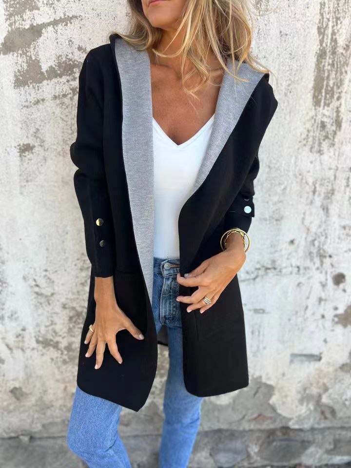 Women's hooded longline cardigan soft knit relaxed fit with draped silhouette in cozy fiber blend