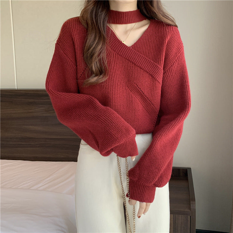 Women's paisley knit sweater with V-neck choker collar, ribbed details, relaxed fit, cozy fall essential