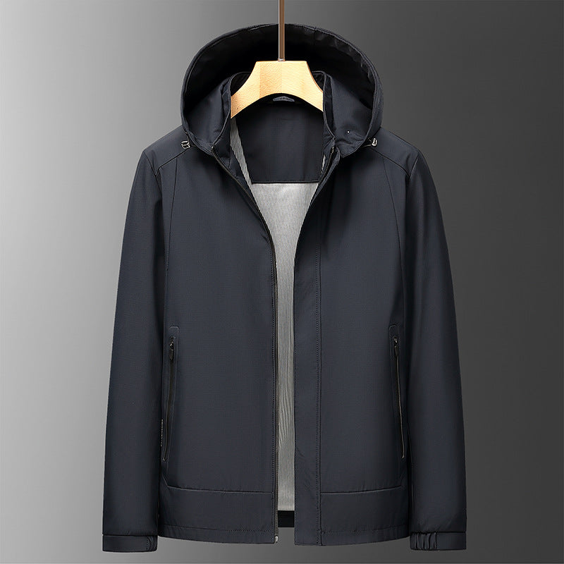 Men's water-resistant hooded jacket relaxed fit with zippered pockets for spring outdoor wear
