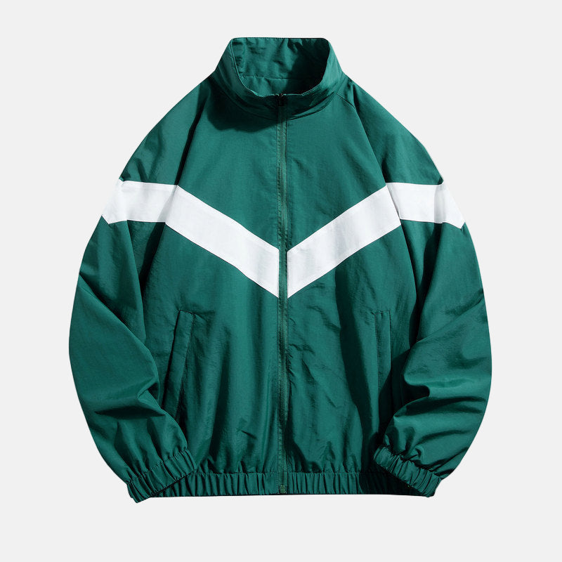 Black and white lightweight track jacket with bold V-shaped color-block stripe and stand collar