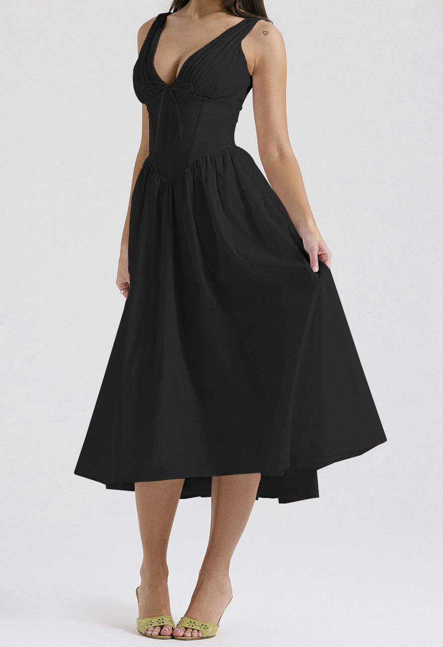 Women's floral print midi dress, A-line sleeveless V-neckline, effortless warm-weather elegance