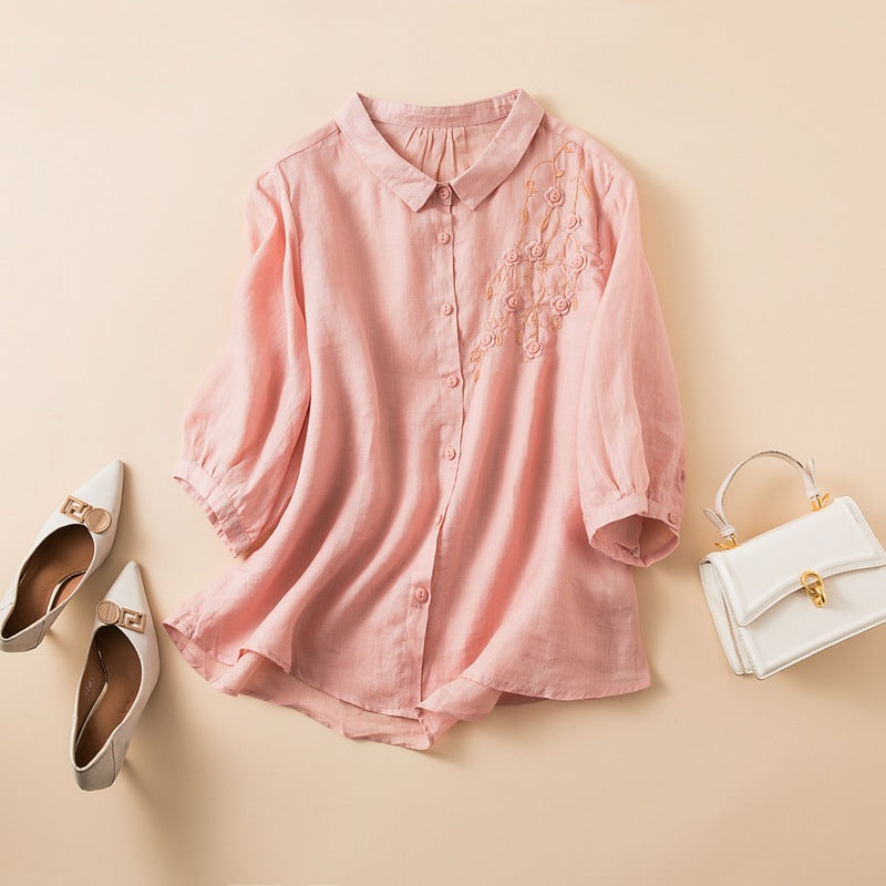 Women's relaxed fit natural fiber shirt with embroidered chest detail and medium-length sleeves