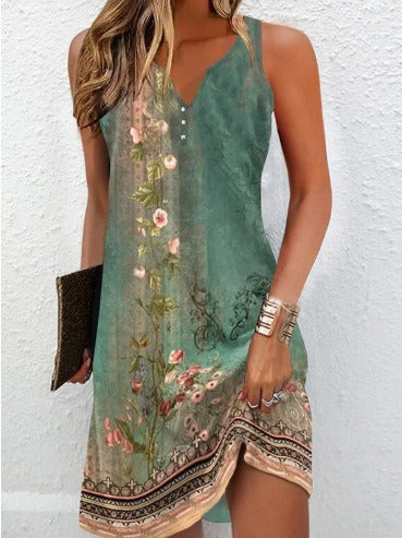 Women's sleeveless V-neck cotton blend dress with floral detail and asymmetrical hem
