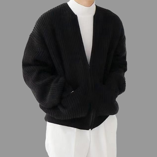 Men's oversized cotton blend cardigan jacket, band collar, full zip, relaxed bomber fit for layering