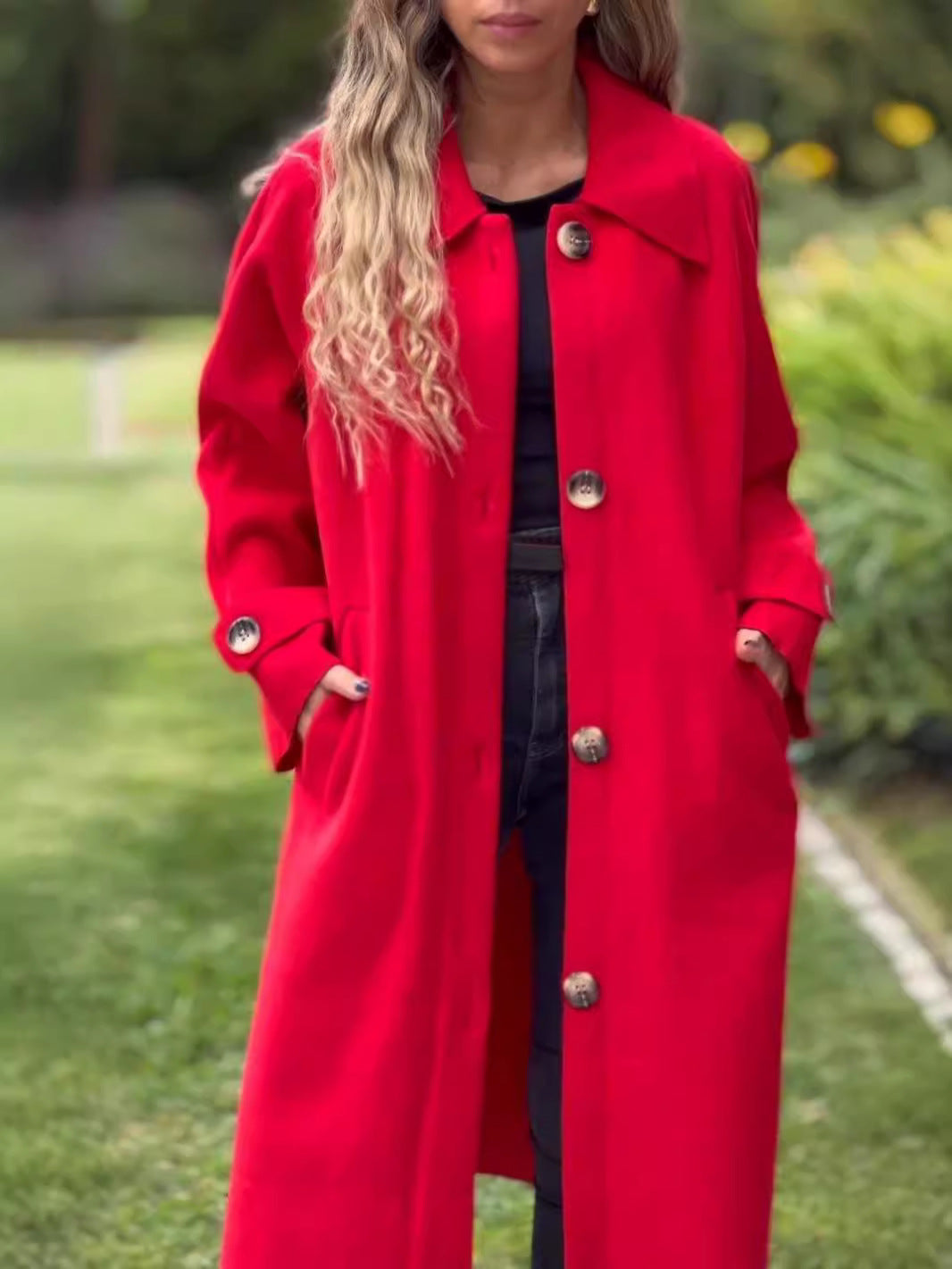 Women's wool blend long coat relaxed fit button front full length classic collar versatile outerwear