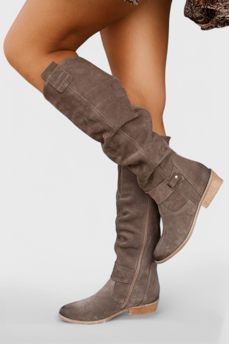 Retro-inspired high boots with sleek elongated silhouette, vintage detailing for bold cold-weather style