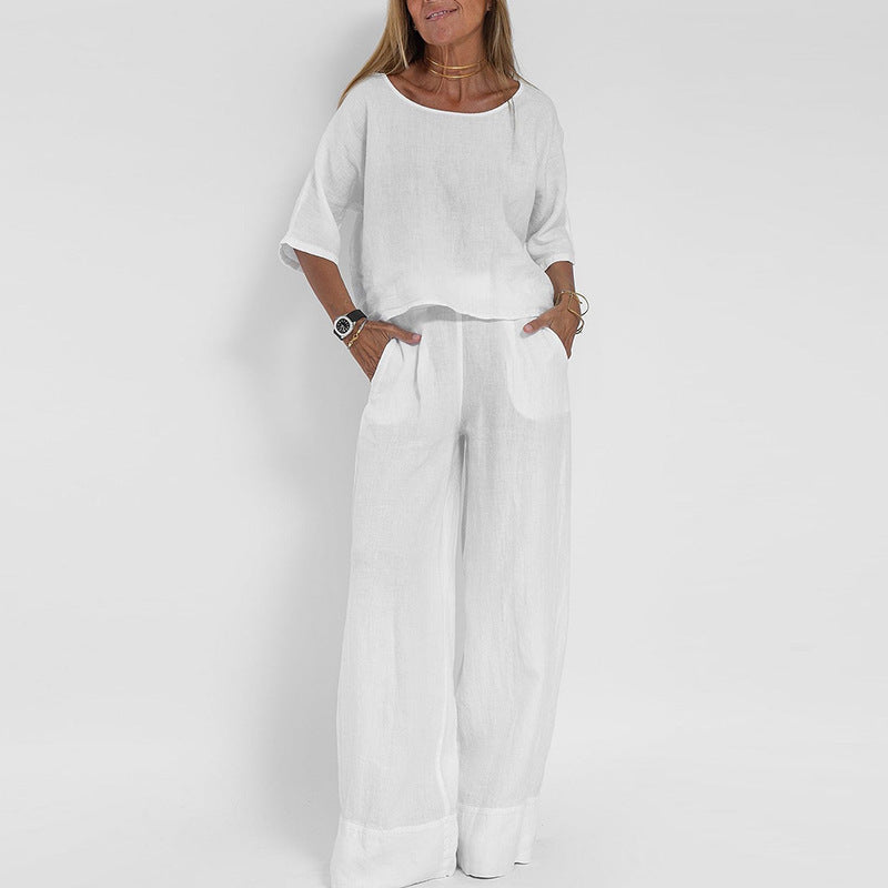 Beige relaxed-fit two-piece elegant set with loose structured silhouette for effortless style