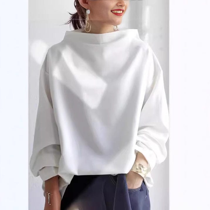 Margot high-neck soft knit top relaxed oversized fit in neutral tone, luxurious cozy style