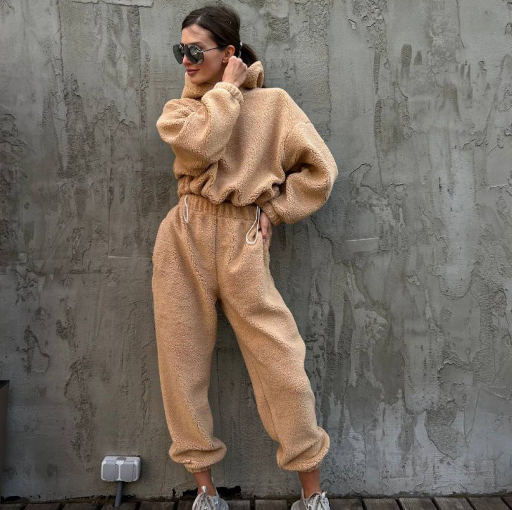 Women's fleece two-piece loungewear set oversized hoodie high waist pants soft cozy fit