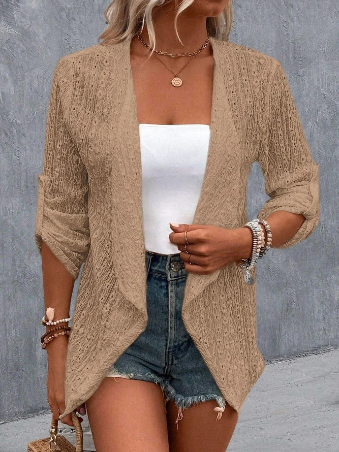 Boho crocheted knit open-front cardigan women relaxed fit textured layering piece
