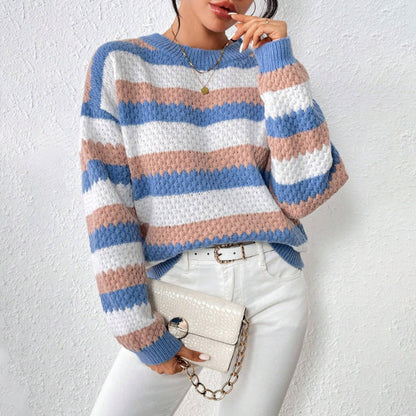 Women's relaxed fit chunky knit striped crew neck sweater wool blend cozy everyday warmth