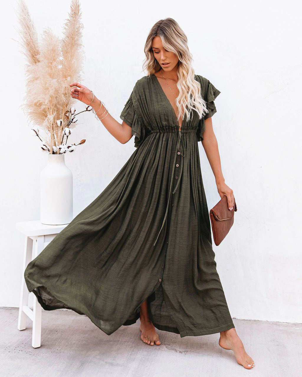 Women's boho kimono wrap dress flowy V-neck beach cover-up with soft bohemian print