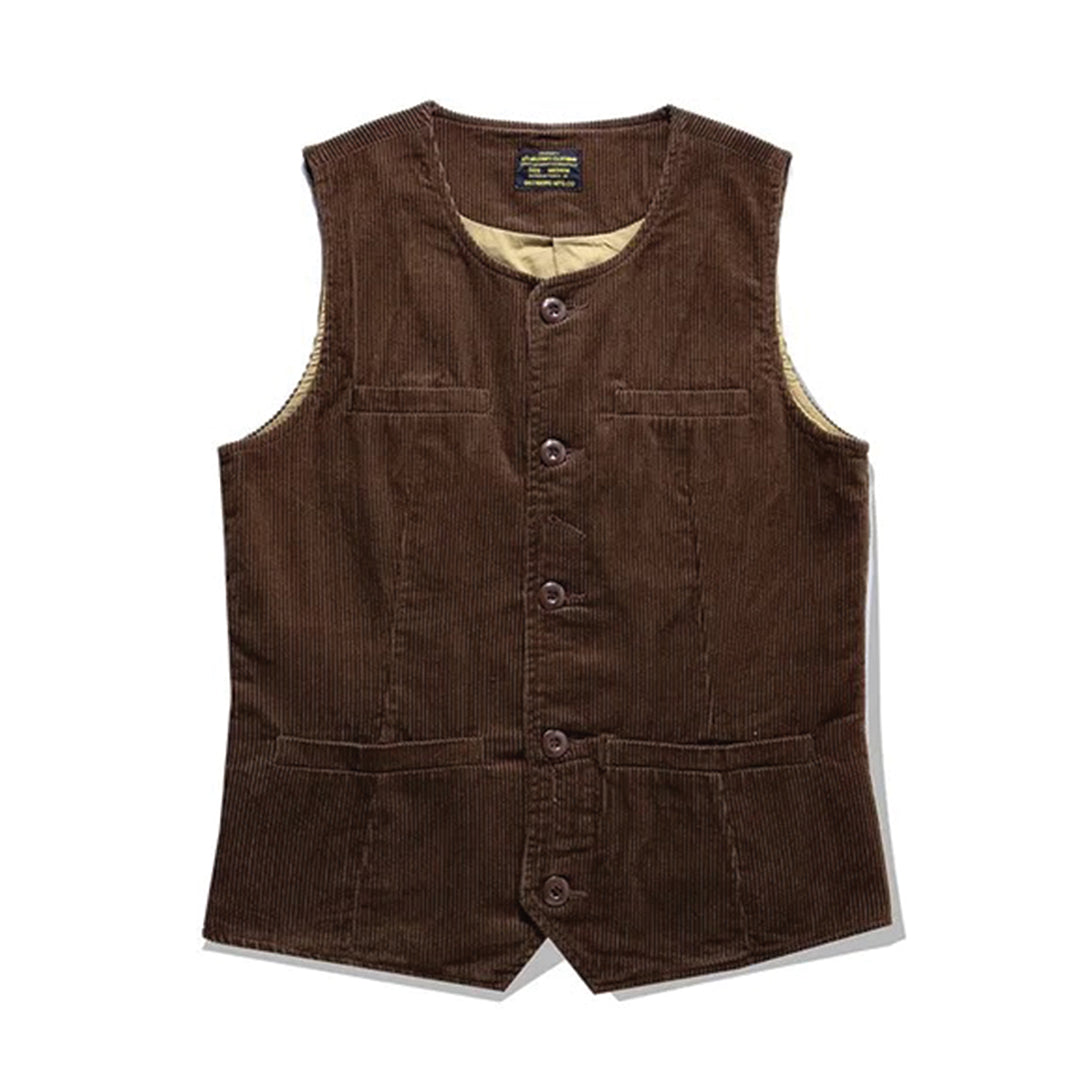 Slim-fit western corduroy cotton vest with multi-pocket design and button closure