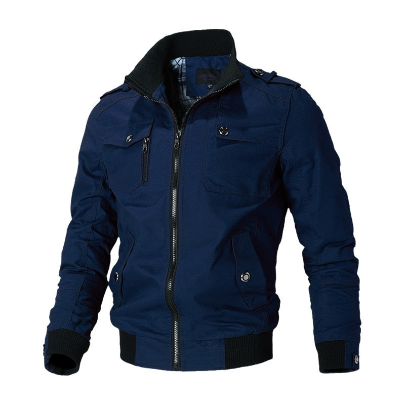 Slim fit casual bomber jacket with ribbed trim, zipper closure, and stand collar for all seasons