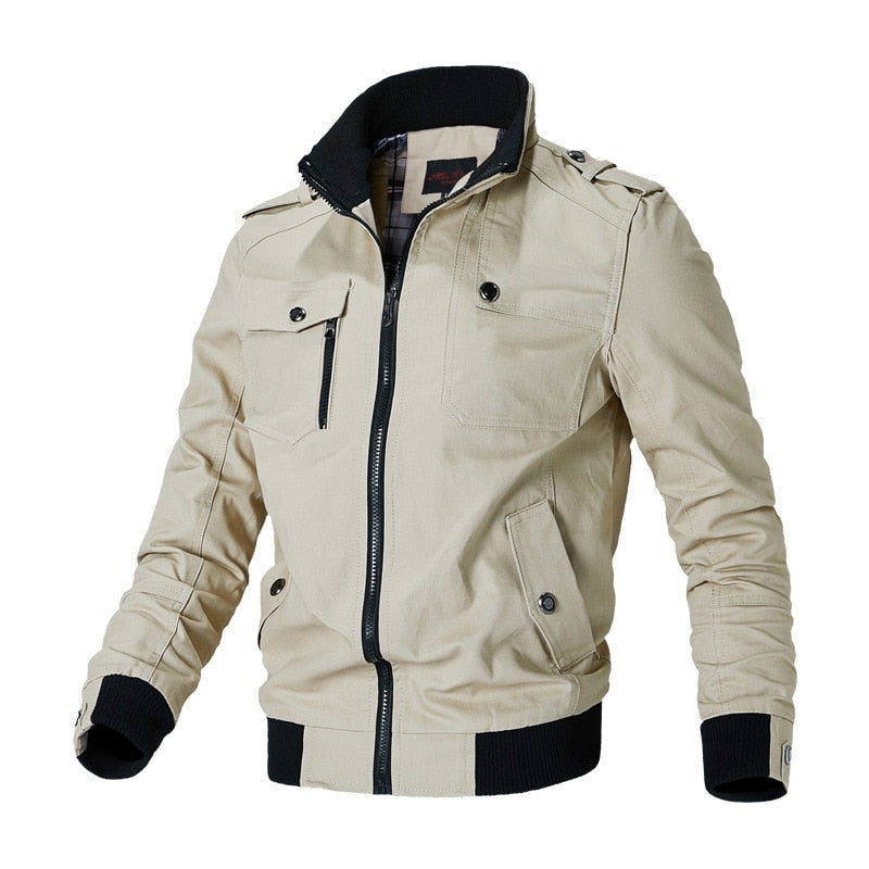 Slim fit casual bomber jacket with ribbed trim, zipper closure, and structured stand collar for all seasons