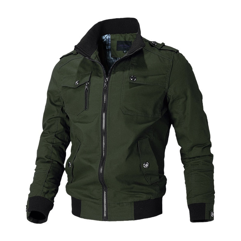Slim fit casual bomber jacket with zipper closure, ribbed trim, and stand collar for all seasons