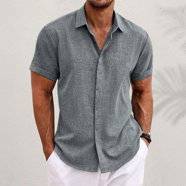 Men's casual cotton linen blend short sleeve button-up shirt breathable lightweight summer fit