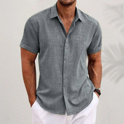 Men's casual cotton linen blend short sleeve button-up shirt breathable lightweight summer fit