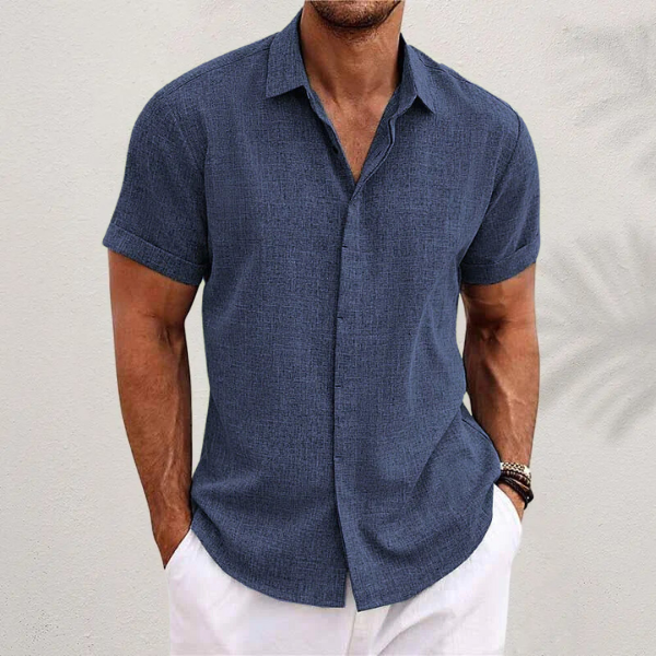 Men's casual cotton linen blend short sleeve shirt with button front closure, breathable summer fit