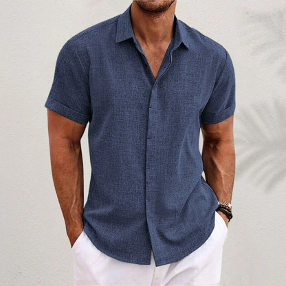 Men's casual cotton linen blend short sleeve shirt with button front closure, breathable summer fit