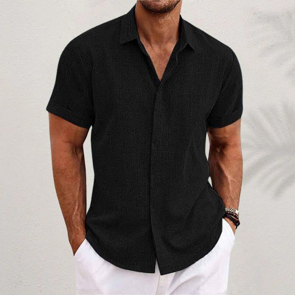 Men's casual cotton linen blend short sleeve shirt with button front closure, breathable summer fit