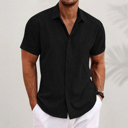 Men's casual cotton linen blend short sleeve shirt with button front closure, breathable summer fit