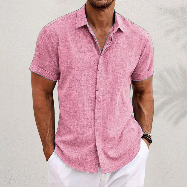 Men's casual cotton linen blend short sleeve shirt with button front closure, breathable summer fit