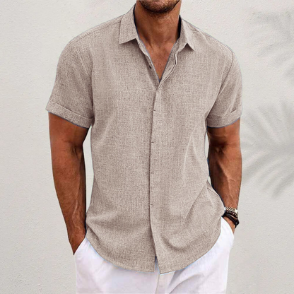 Men's casual cotton linen blend short sleeve button-front shirt in breathable natural fabric
