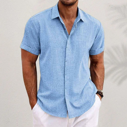 Men's casual cotton linen blend short sleeve button-front shirt breathable summer fit