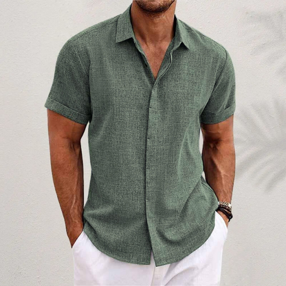 Men's casual cotton linen blend short sleeve button-front shirt breathable lightweight summer fit