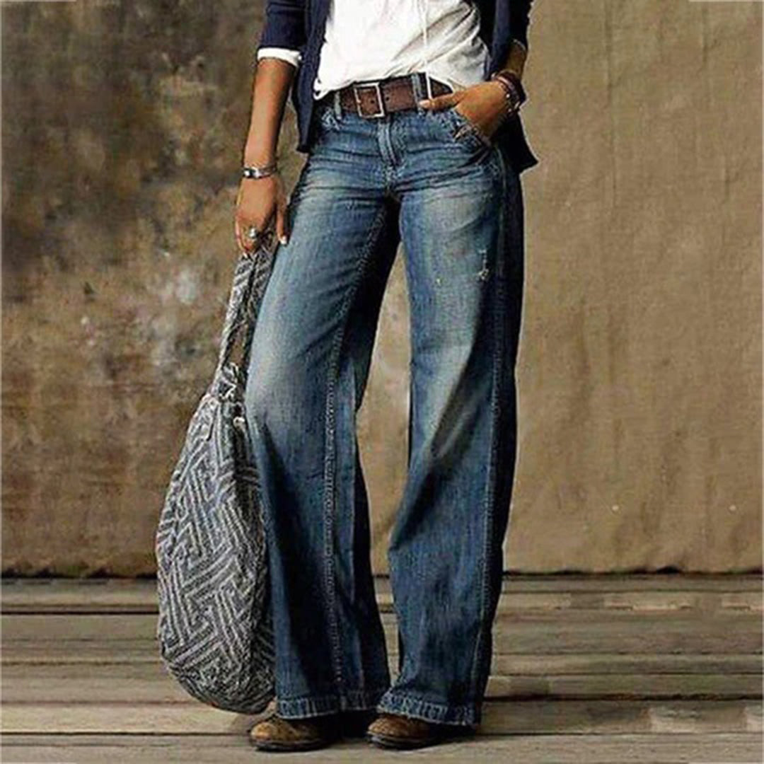 Women's high-waisted wide-leg jeans in classic blue denim with flattering natural-waist silhouette