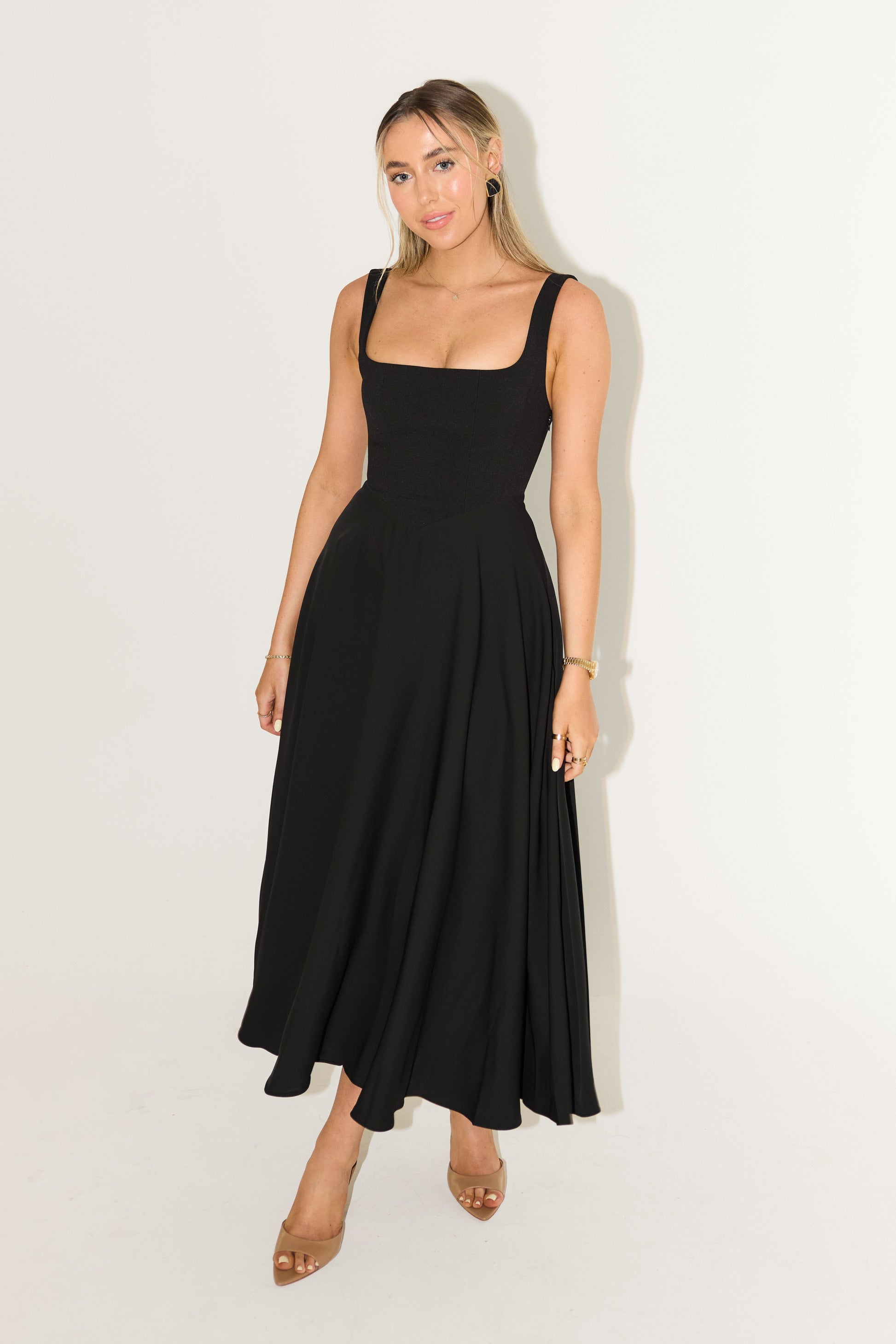 Flowy midi dress with square neckline, fitted waist, elegant silhouette for weddings and special events