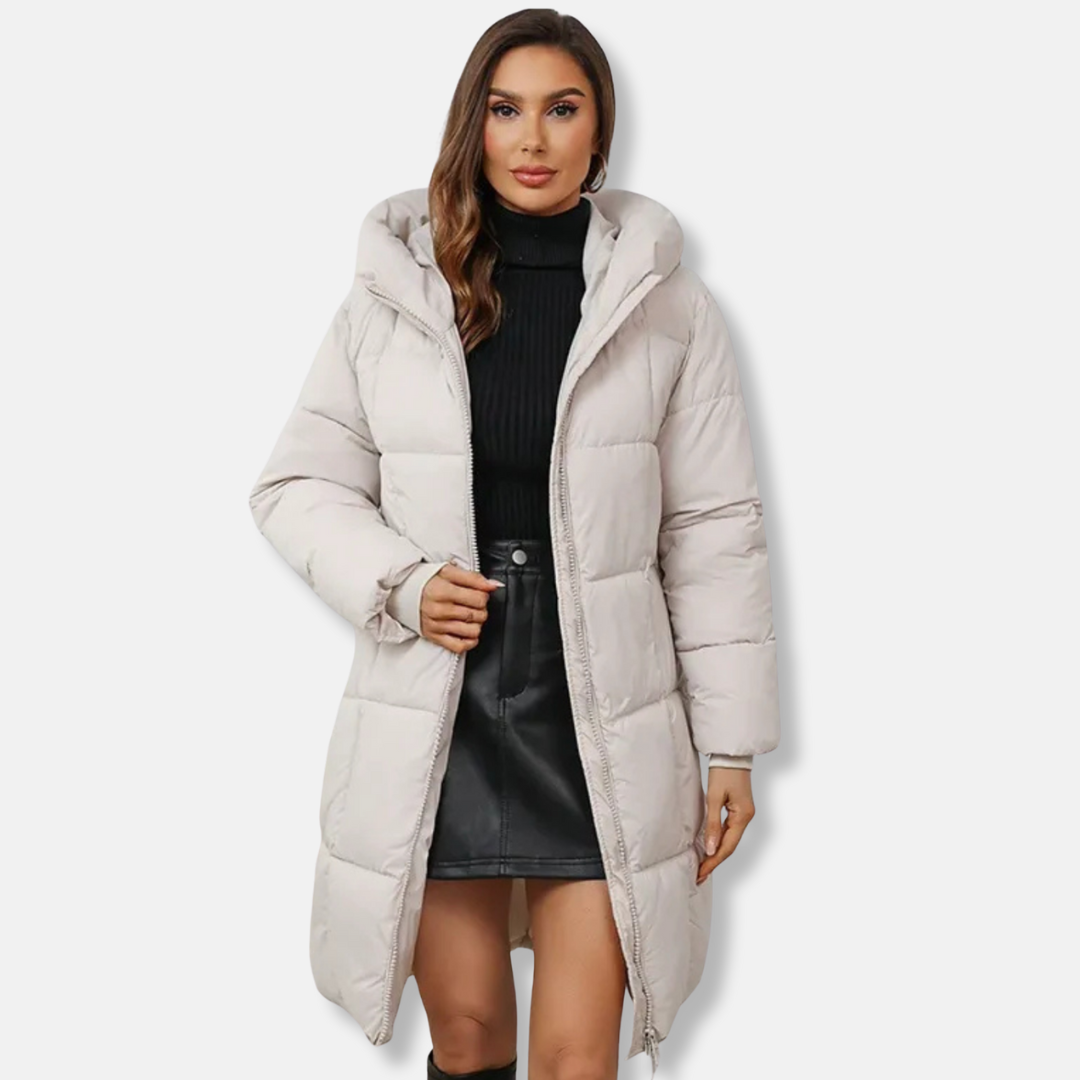 Women's black hooded quilted puffer coat above-knee insulated silhouette for cozy winter warmth