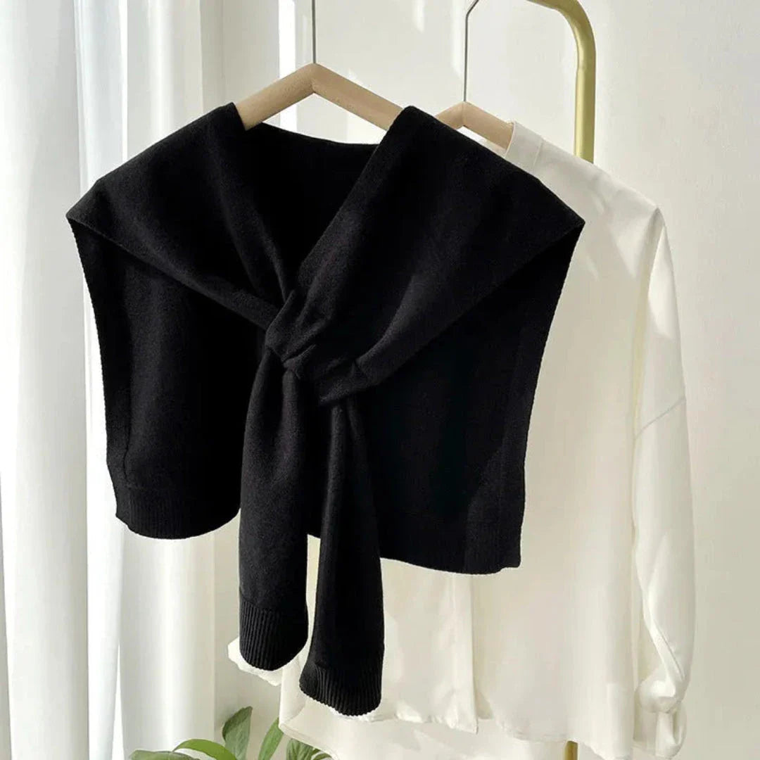 Cream preppy knit shawl with elegant tie-front drape, silky-soft stretch fabric for layering